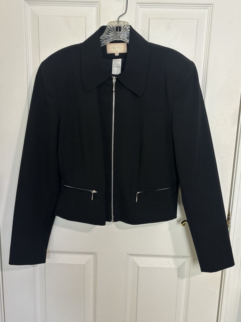 Y2K Cache Wool Blend Black Full Zip Crop Moto Jacket 10 Silver Hardware